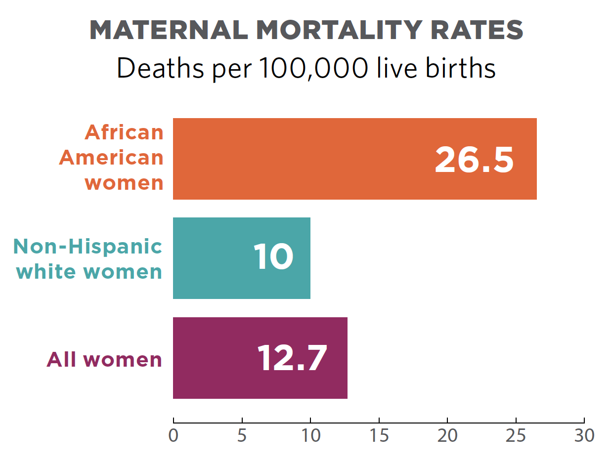 Bar chart showing maternal mortality rates for African American Women, Non-Hispanic White Women, and All Women