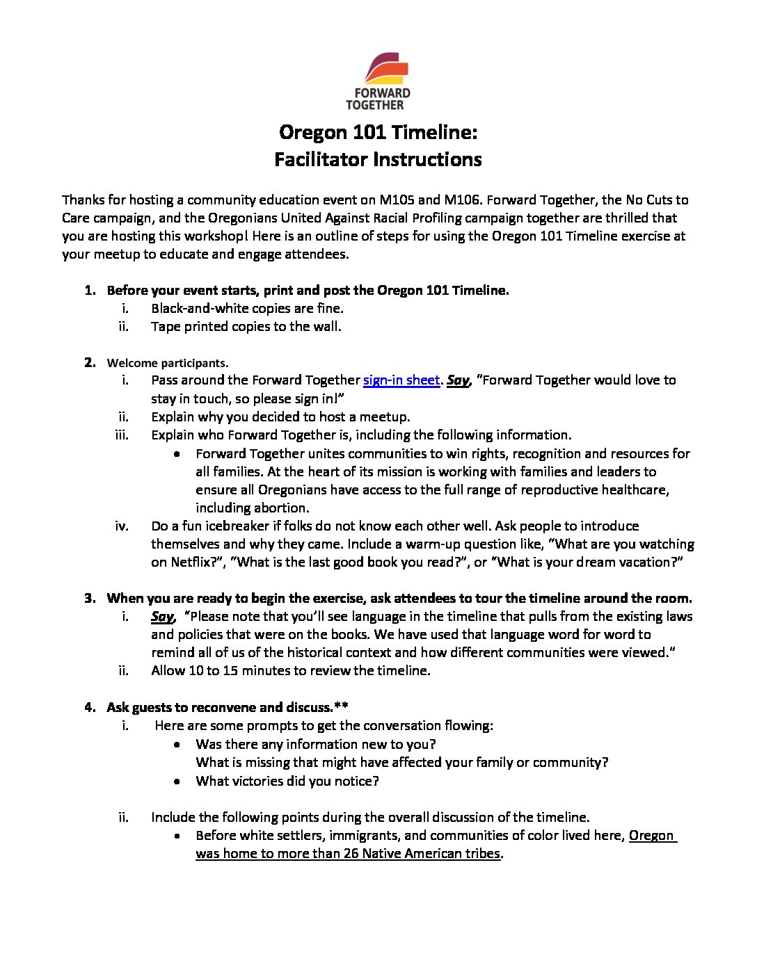 Oregon 101 Community Education Timeline