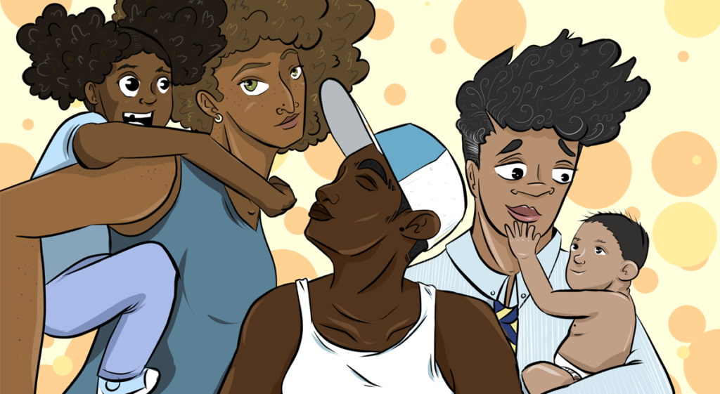 Illustration of three Black trans parents of different genders and skin tones, parenting two young Black children.