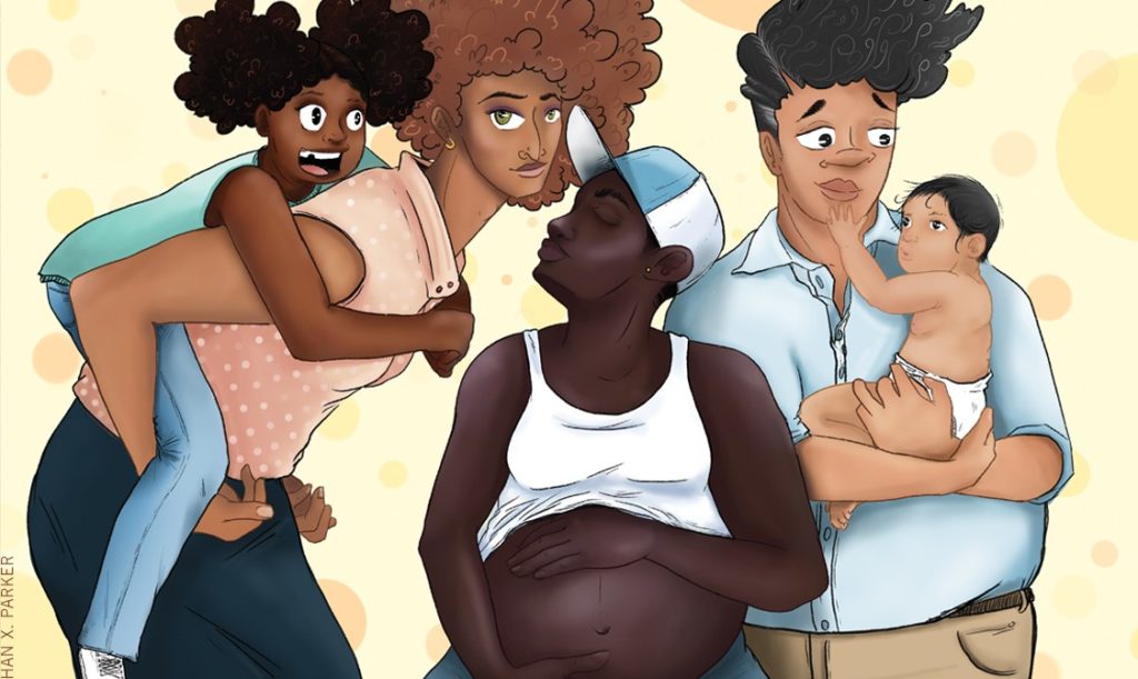 Illustration of three trans and non-binary Black parents: a trans woman carrying a child on her back, a transmasculine person proudly holding their pregnant belly, and a gender nonconforming person holding a baby. Artist: Ethan Parker