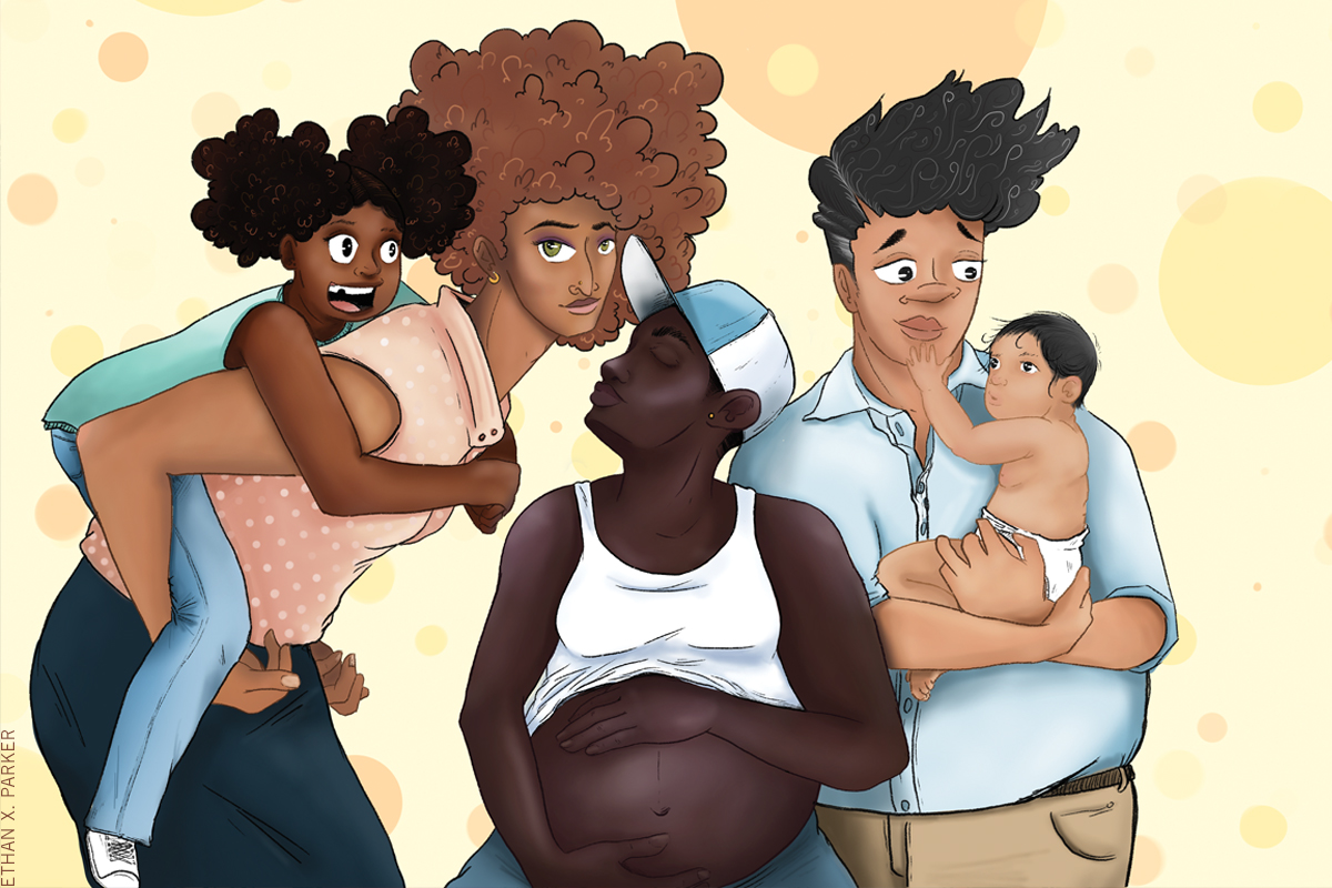 Illustration of three trans and non-binary Black parents: a trans woman carrying a child on her back, a transmasculine person proudly holding their pregnant belly, and a gender nonconforming person holding a baby. Artist: Ethan Parker