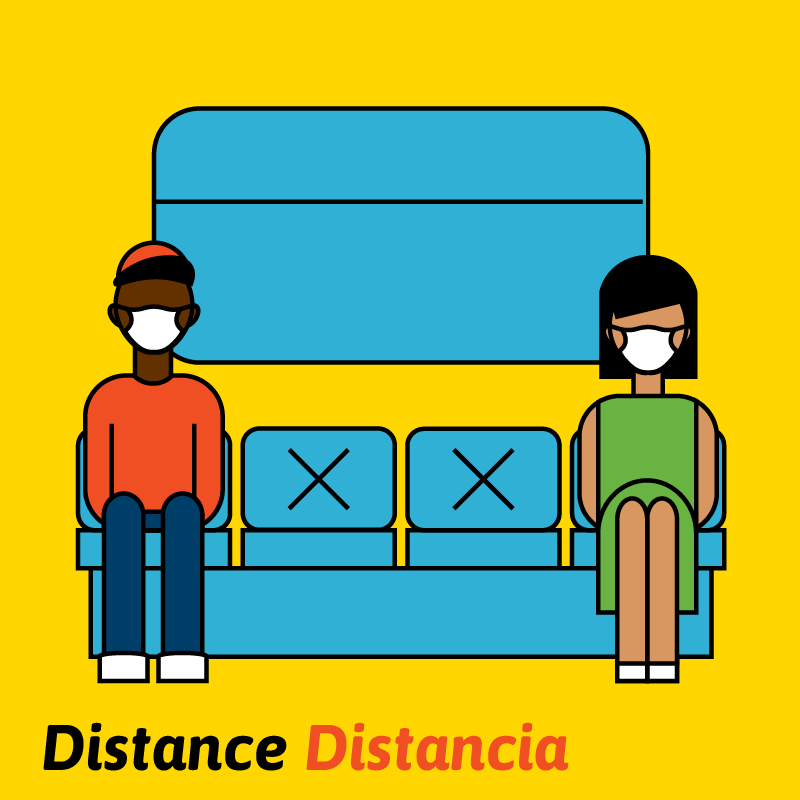 La gráfica muestra una ilustración de dos personas con mascarilla, sentadas y con varios asientos vacíos entre ellas.