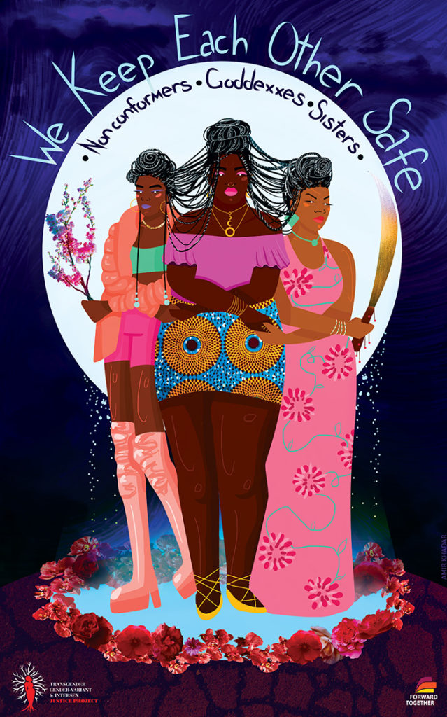 [Image Descripton: Illustration of three Black femme figures with interconnected braids and glowing eyes, holding hands in front of a large moon-like circle. One holds a flowering branch, one holds a shimmering sword, and they are all standing in a glowing circle of flowers. Text at the top says “We Keep Each Other Safe”. The line below says “Nonconformers – Goddexxes – Sisters”. In the background is a swirling dark purple storm.]