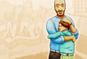 [Image Description: Illustration of a smiling Black dad hugging a smiling child. In the background is a city mural, chainlink fence and buildings.]