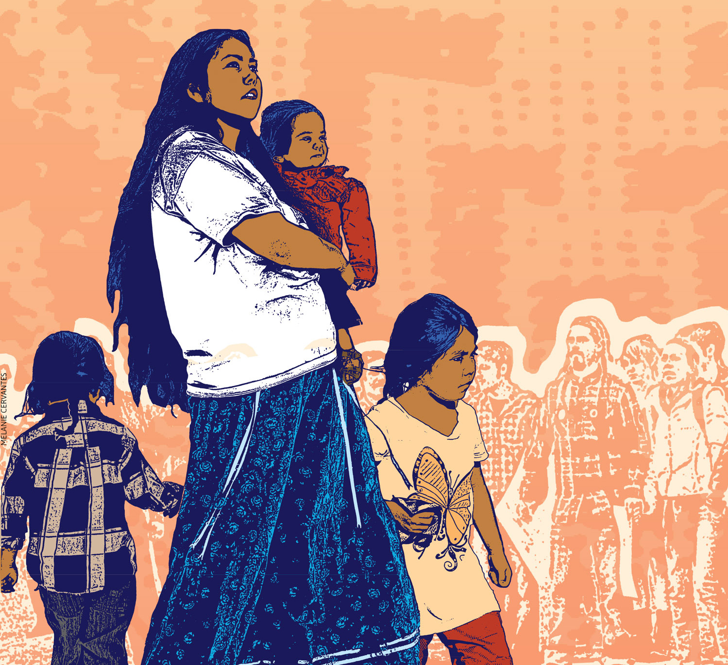 Illustration of an Indigenous mother, striding forward with her three young children. In the background is a Round Dance and a geometric basket pattern. Artist: Melanie Cervantes