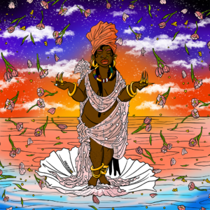 Illustration of a Black woman with her eyes closed and palms up, floating on a shell on the ocean. She wears an orange headwrap and gold jewelry and is draped in a pink pearly cloth. Pink flowers float around her in front of a gold, red and purple sunset.