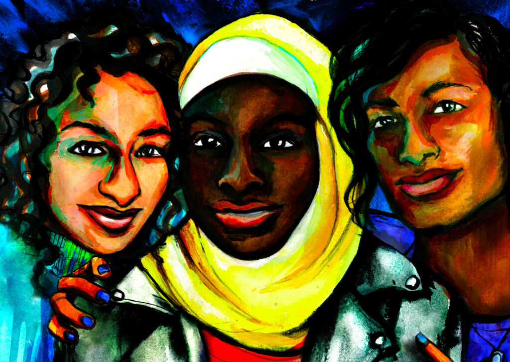 Art by Micah Bazant depicts three Black and brown youth, with the one in the center wearing a bright yellow hijab.