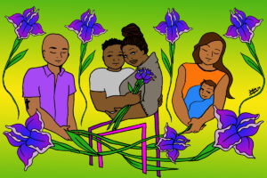 Five people against a bright green background, surrounded by purple and blue iris flowers. In the middle is a Black lesbian couple embracing each other and holding a bouquet of irises. To their right is a mother embracing a baby and holding the stem of a large iris flower. To the left is a bald man holding a large iris flower. On the bottom are purple gates with flowers going through them.